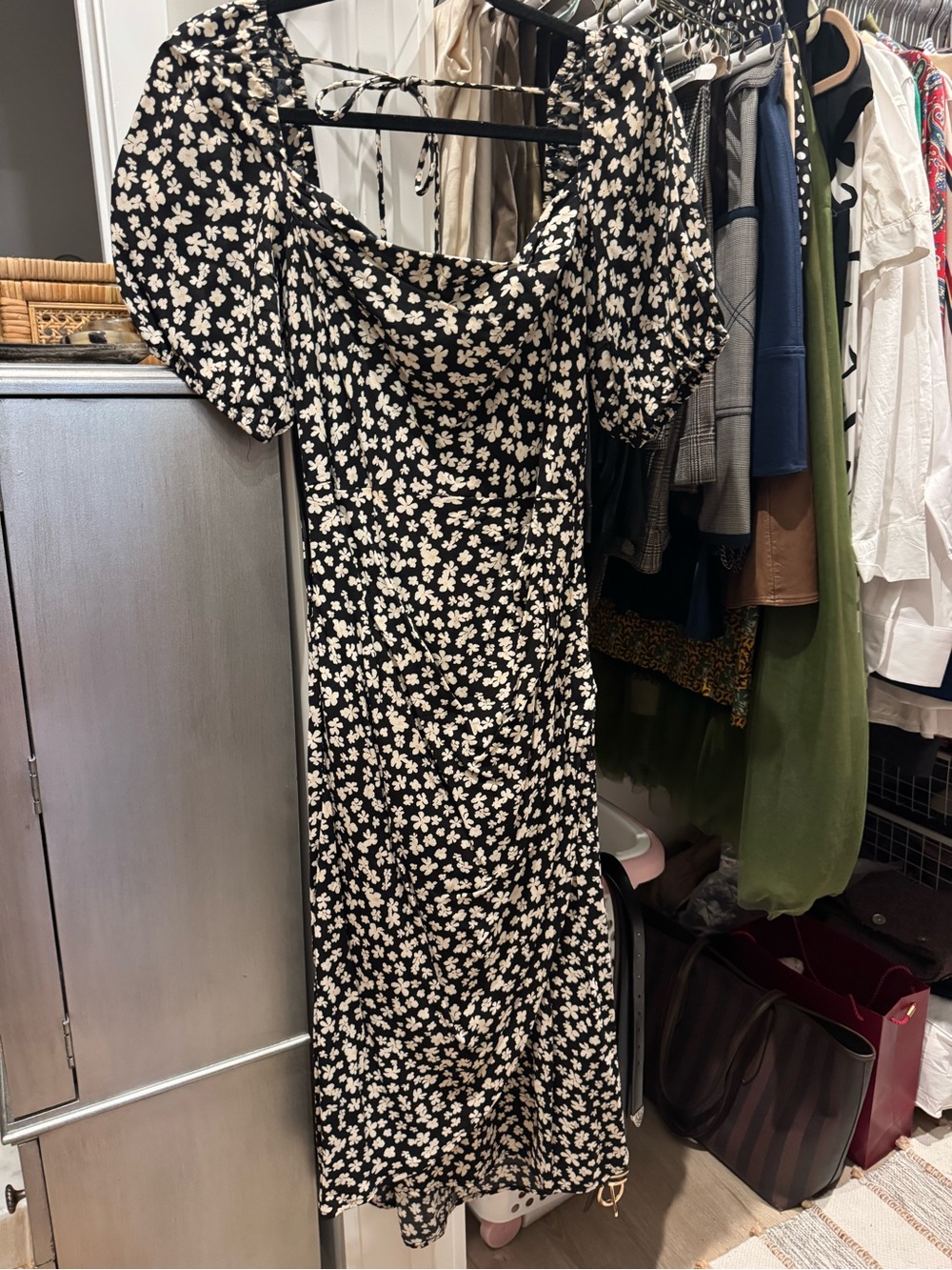 H&M Black Midi Dress with White Floral Print and Puff Sleeves